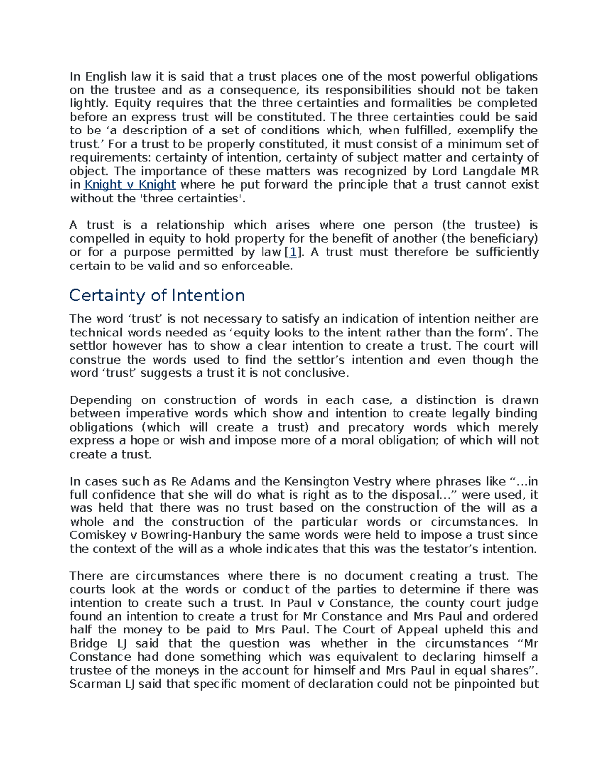 Certainties of a Trust: Key Principles in English Law - Studocu