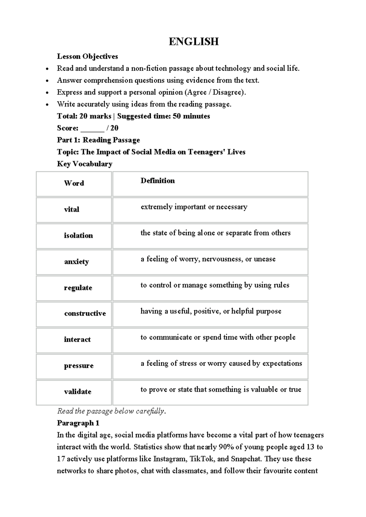 ENGLISH Lesson Objectives: Understanding Social Media's Impact on Teens ...