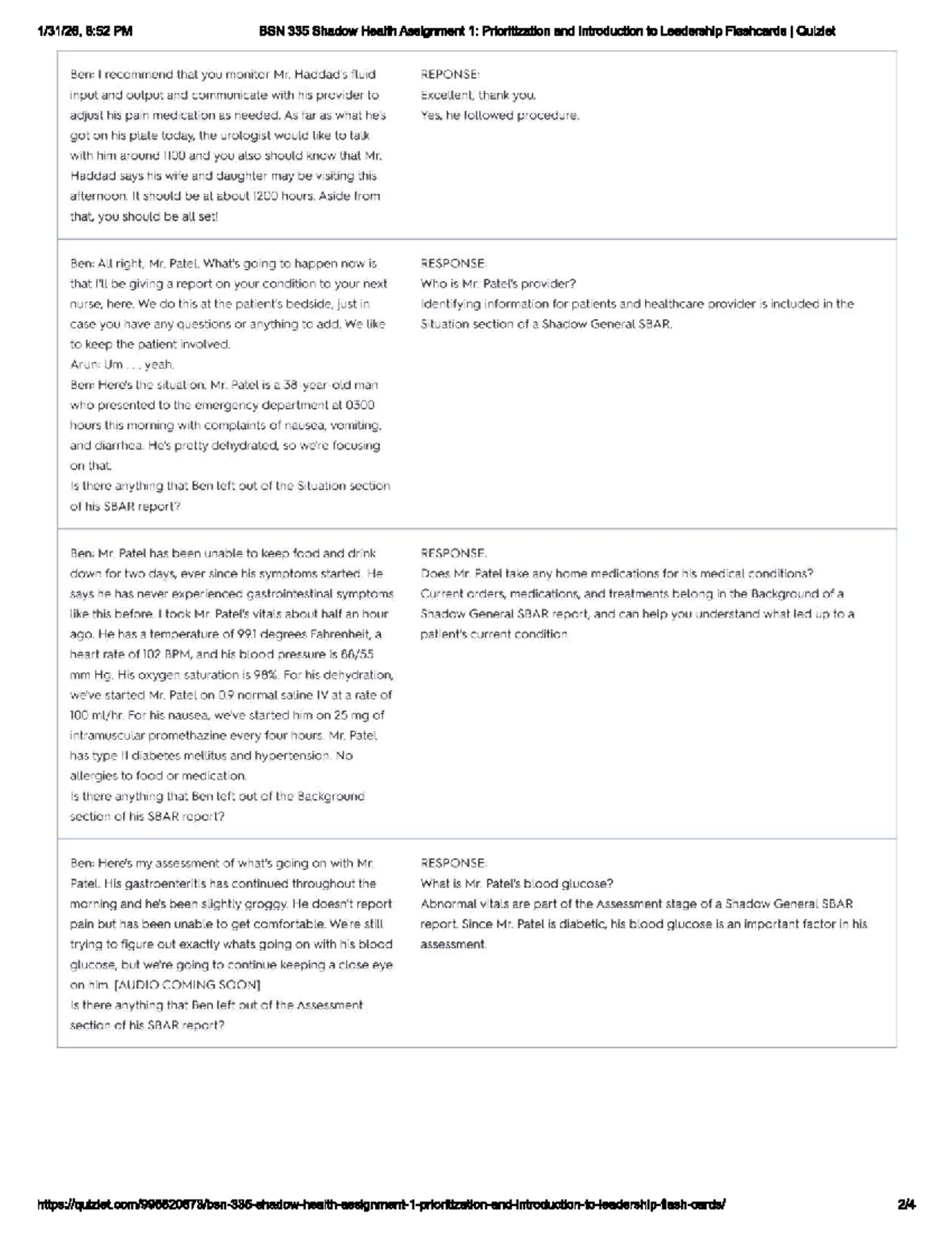 BSN 335 Shadow Health Assignment 1: Patient Assessment & Prioritization ...