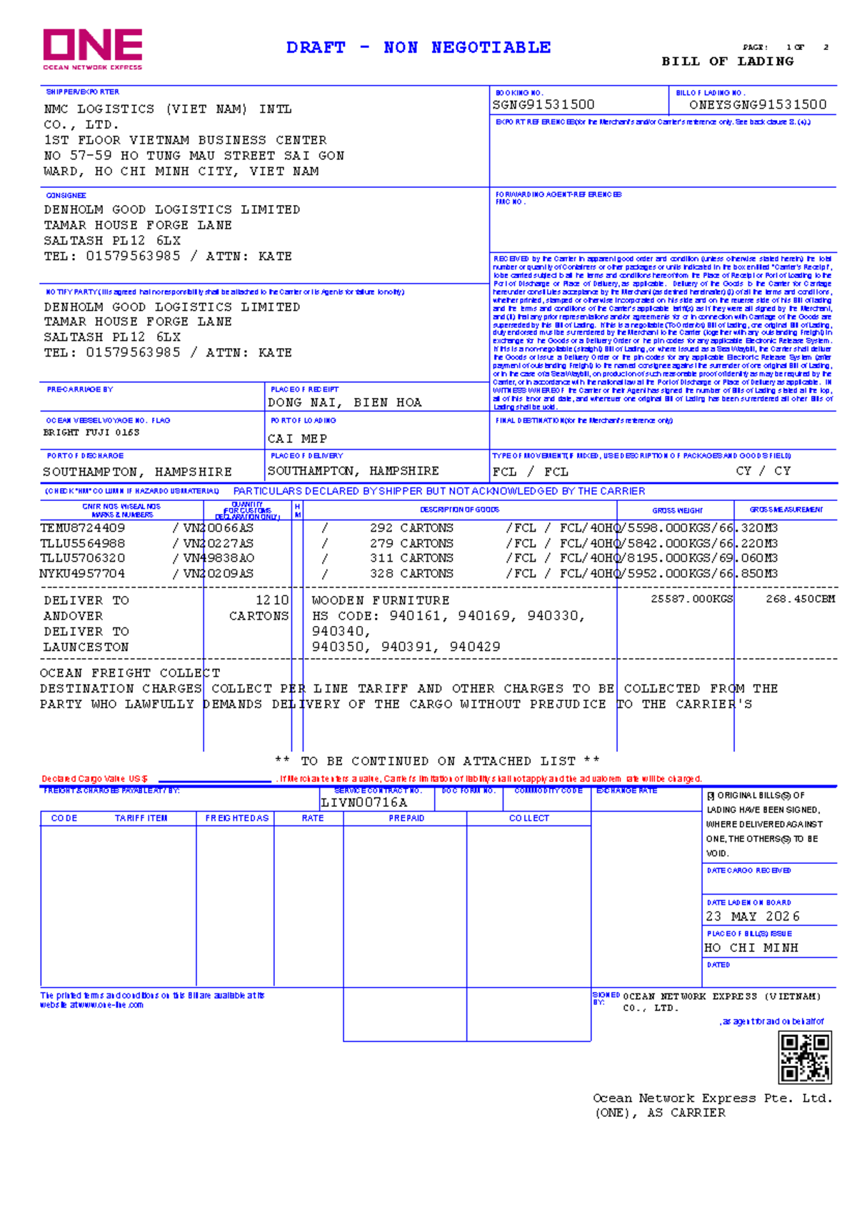 MBL ONEYSGNG91531500: Bill of Lading Details and Terms - Studocu