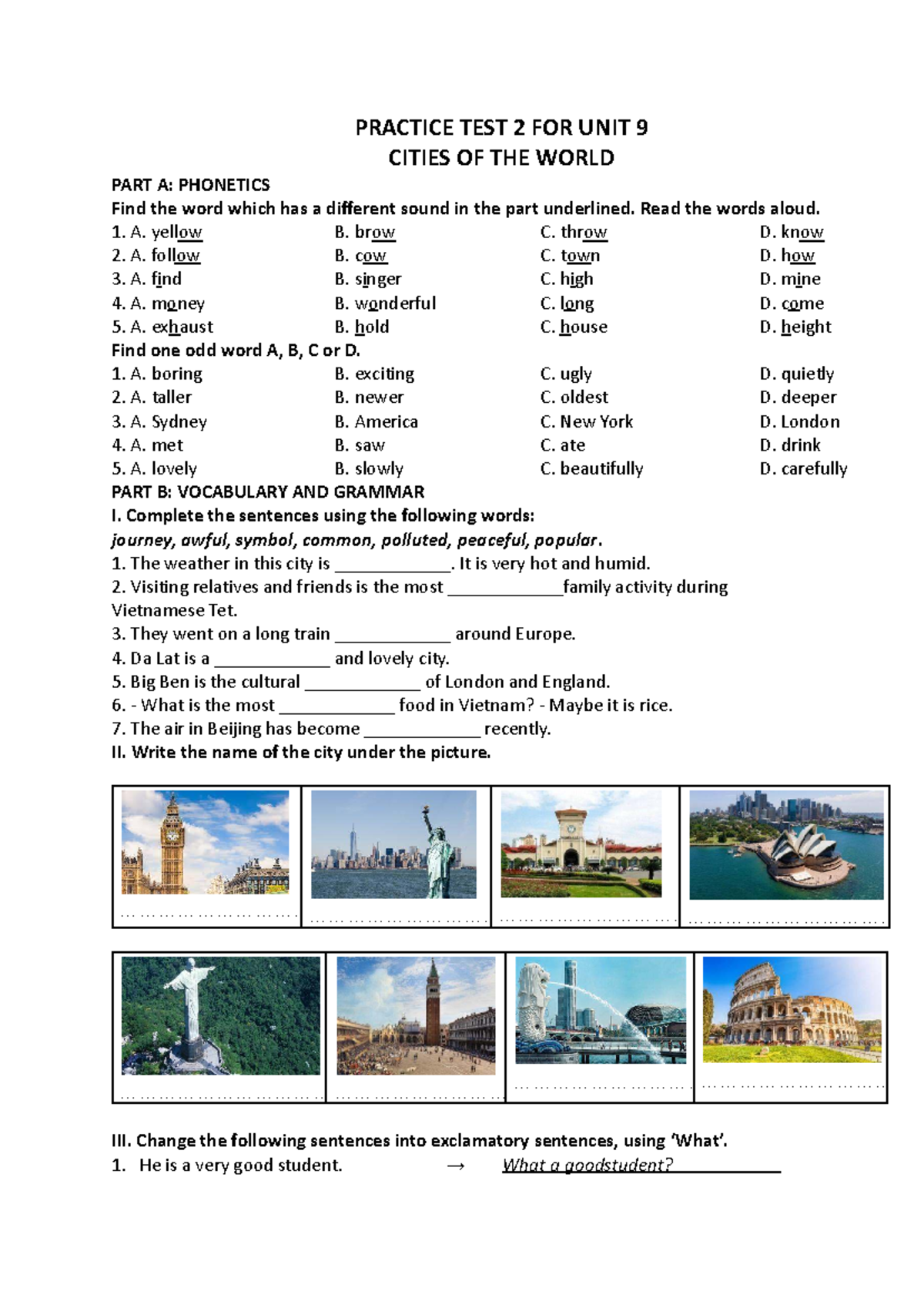 PRACTICE TEST 2: UNIT 9 CITIES OF THE WORLD - PHONETICS & VOCAB - Studocu