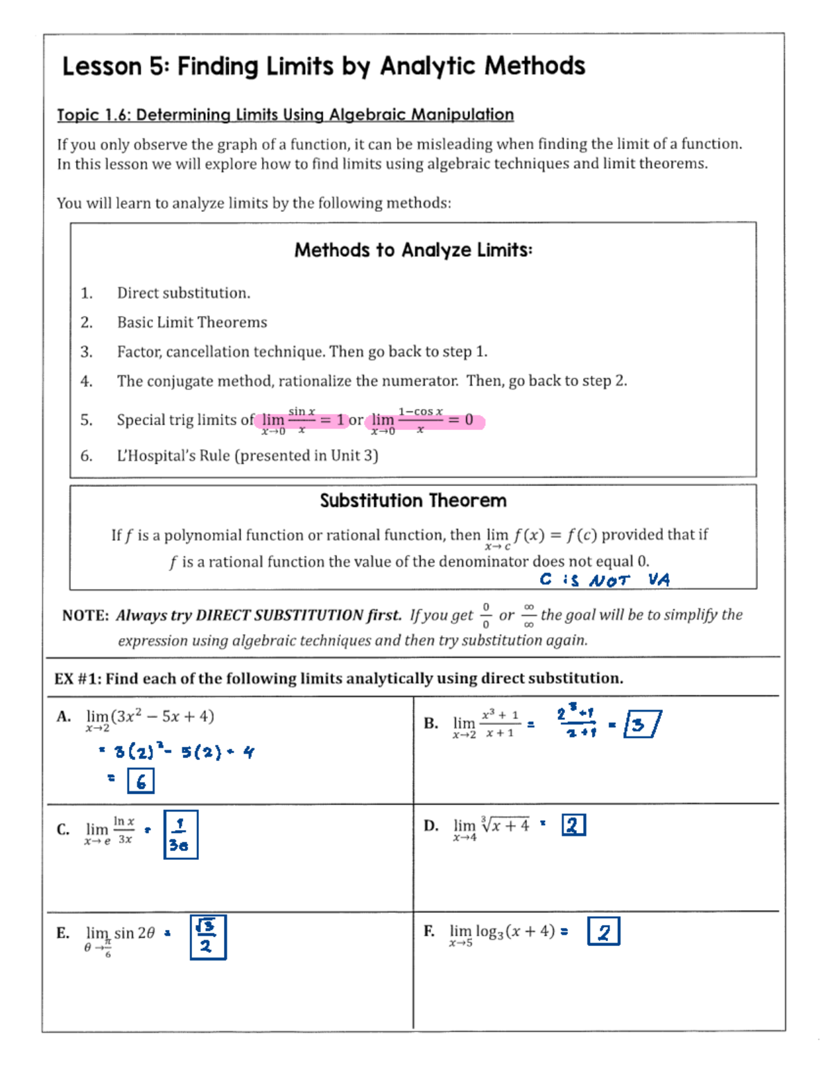 1.5 Finding Limits by Analytic Methods: Discontinuities & Techniques ...