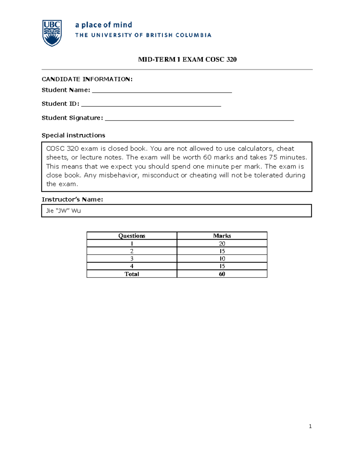 COSC 320-Midterm 1 Exam Solutions and Analysis by JW - Studocu