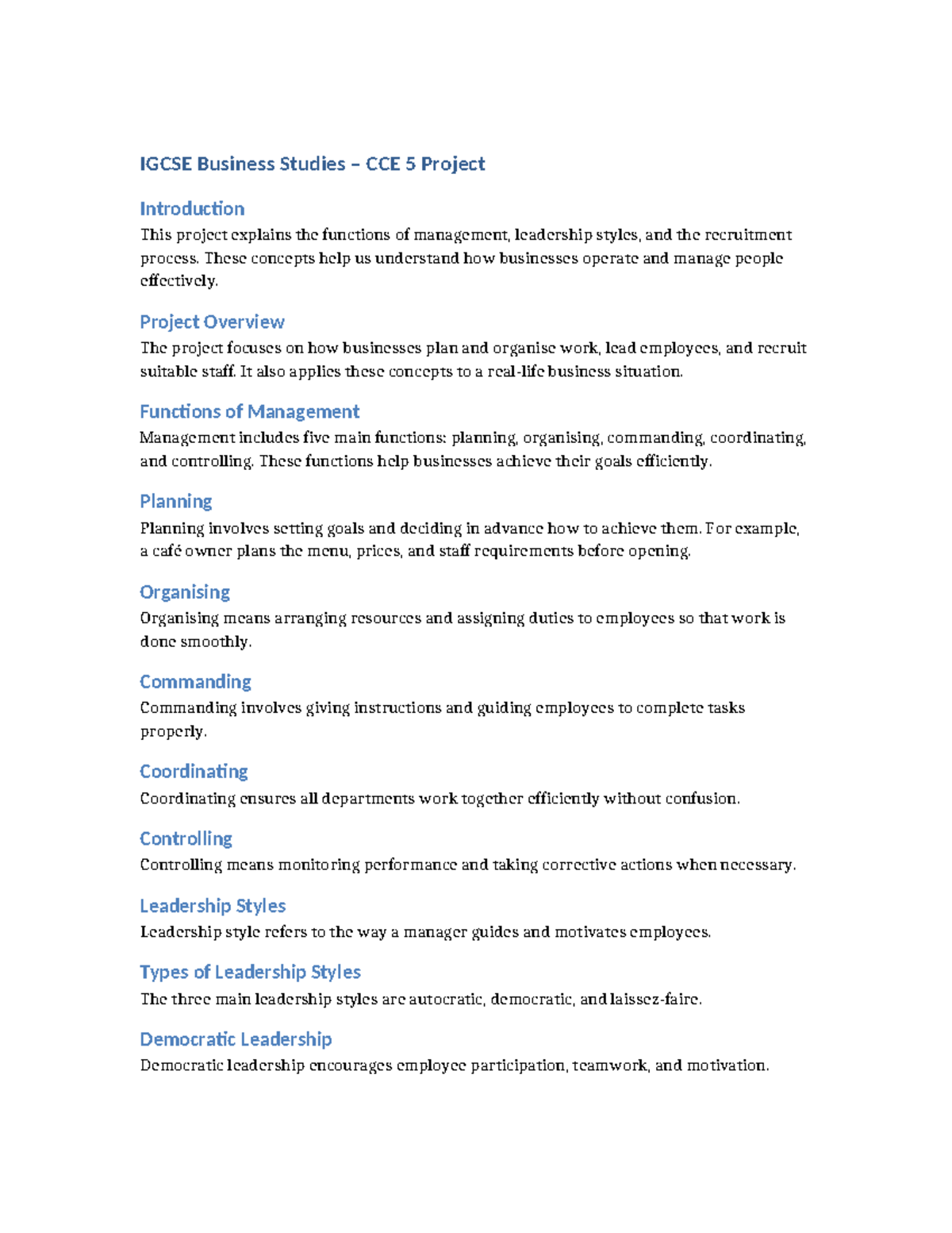 IGCSE CCE 5 Business Project: Functions of Management & Leadership ...
