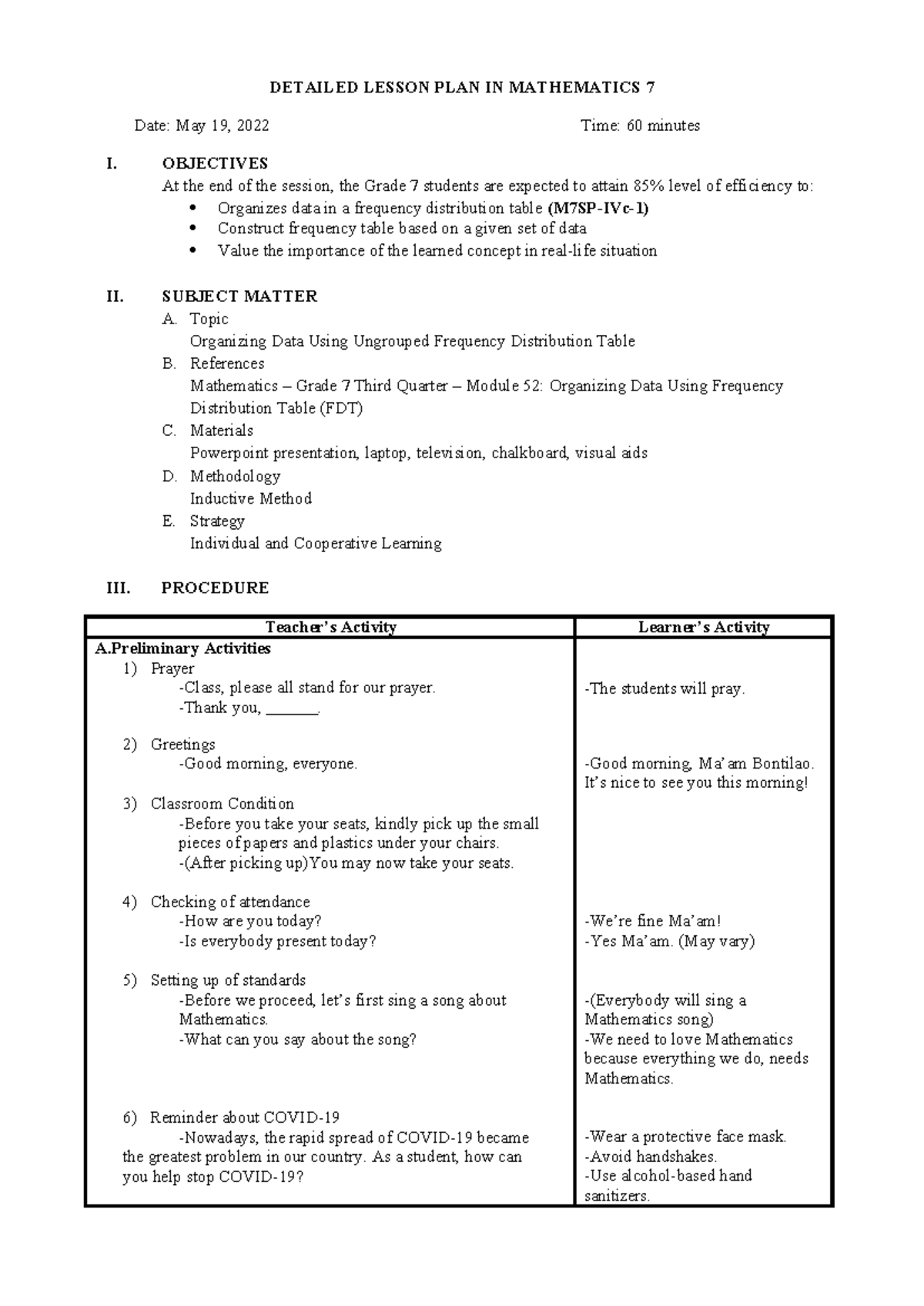 Mathematics 7 Detailed Lesson Plan: Organizing Data with FDT - Studocu