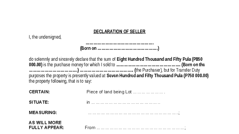 Declaration OF Seller AND Purchaser - Draft - DECLARATION OF SELLER I ...