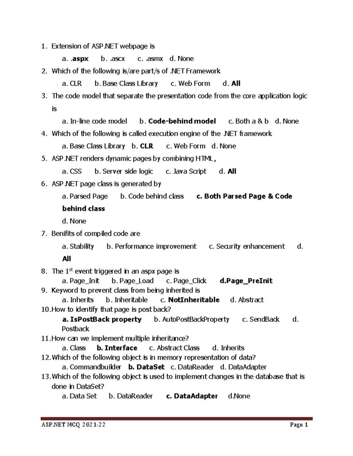 ASP-MCQ - Practice Questions for ASP.NET Framework Exam - Studocu