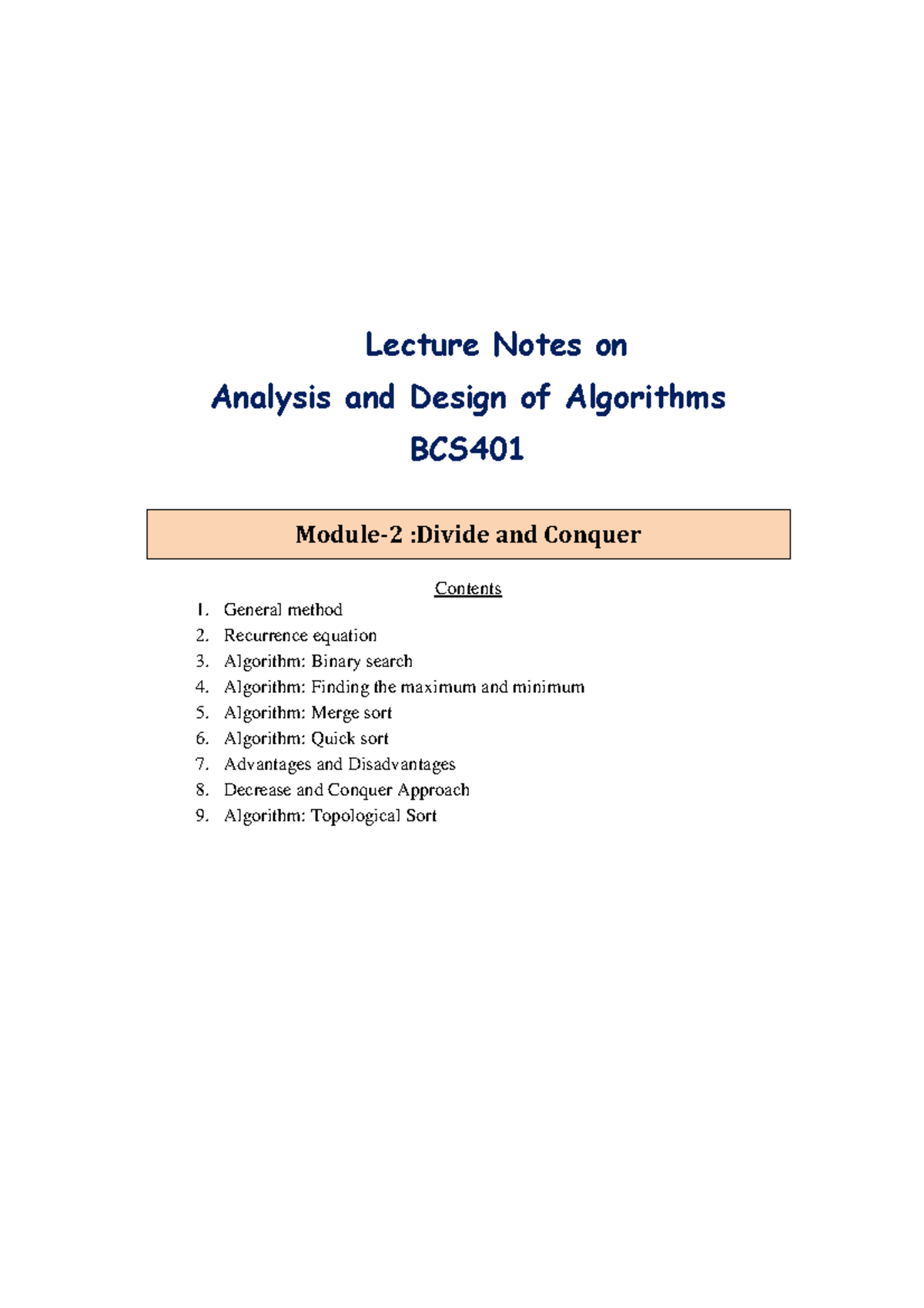Lecture Notes on Divide and Conquer Algorithms BCS401 - Studocu
