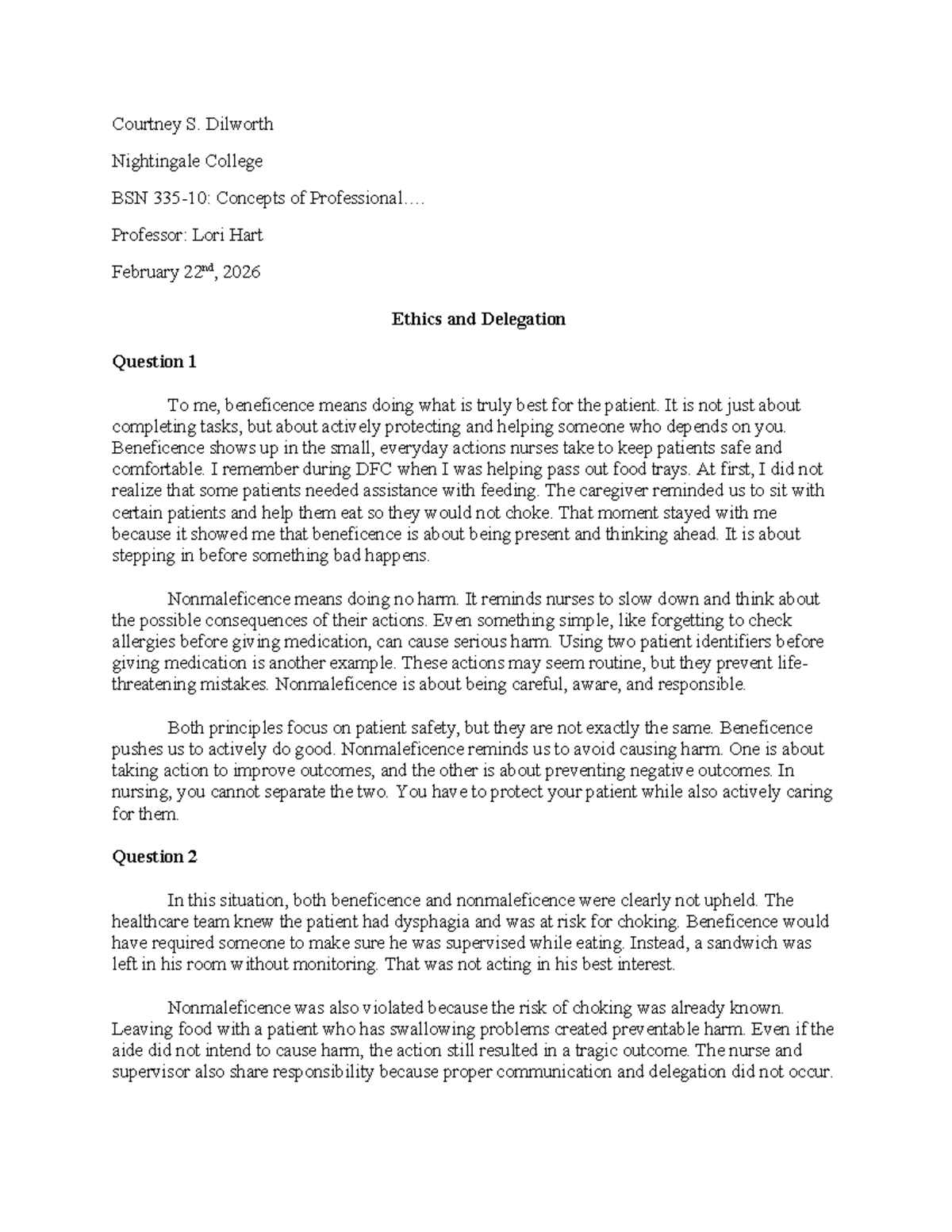 Ethics and Delegation in Nursing: Concepts by Lori Hart (BSN) - Studocu