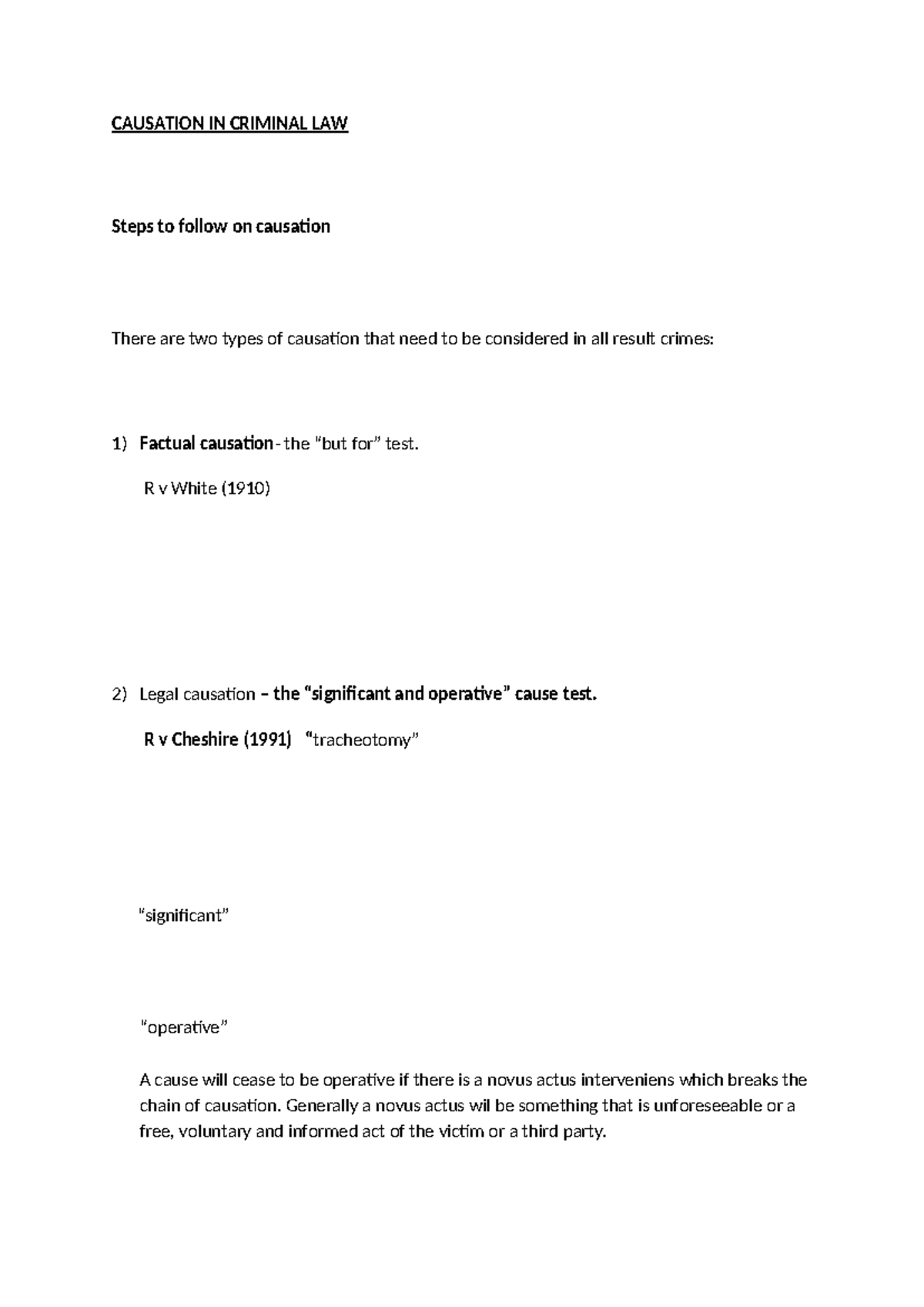 Causation Lecture Notes for Criminal Law (2022) - Key Concepts & Cases ...