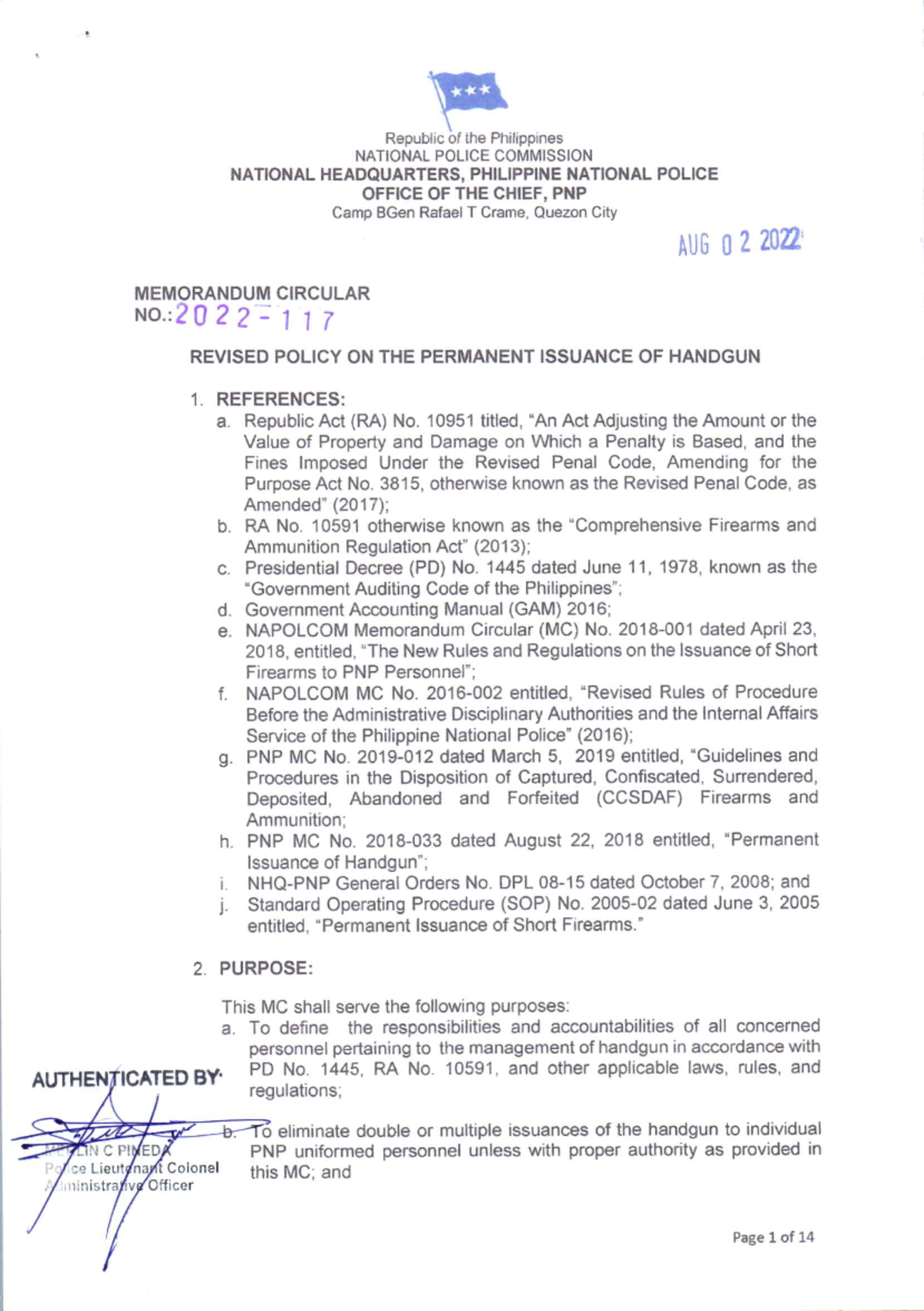 PNP-MC-2022-117: Revised Policy on Permanent Handgun Issuance - Studocu