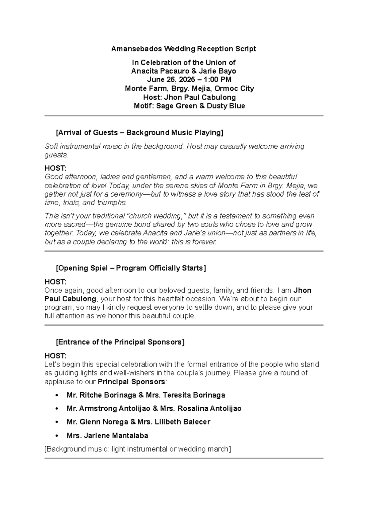 Amansebados Wedding Reception Script for Anacita & Jarie - June 2025 ...