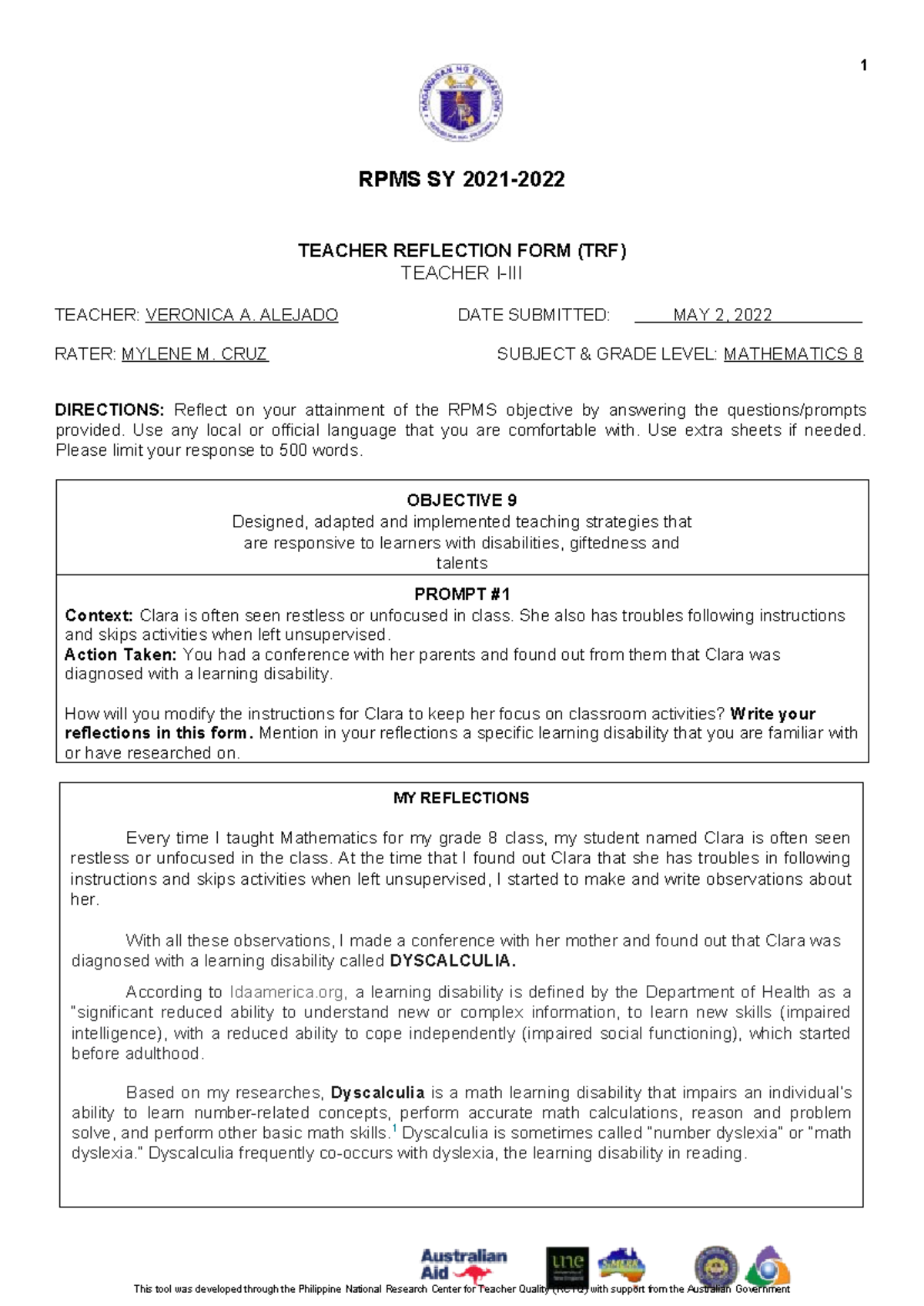 TRF objective 9 w0rd - Teachers Reflection Form 9 - RPMS SY 2021 ...