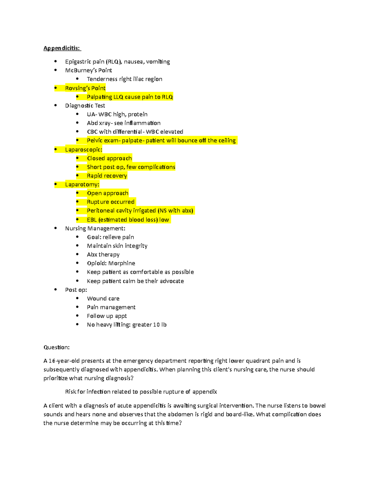 Appendix TEST - Study Guide for Final Exam on Appendicitis - Studocu