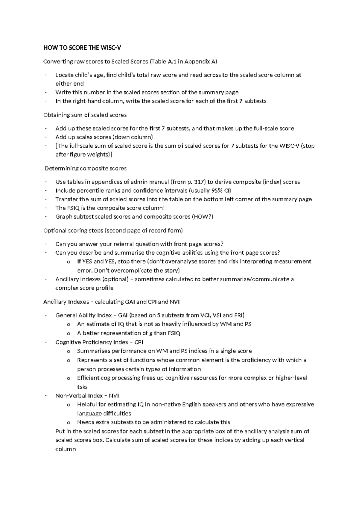 WISC-V Scoring Guide: Converting Raw to Scaled Scores - Studocu