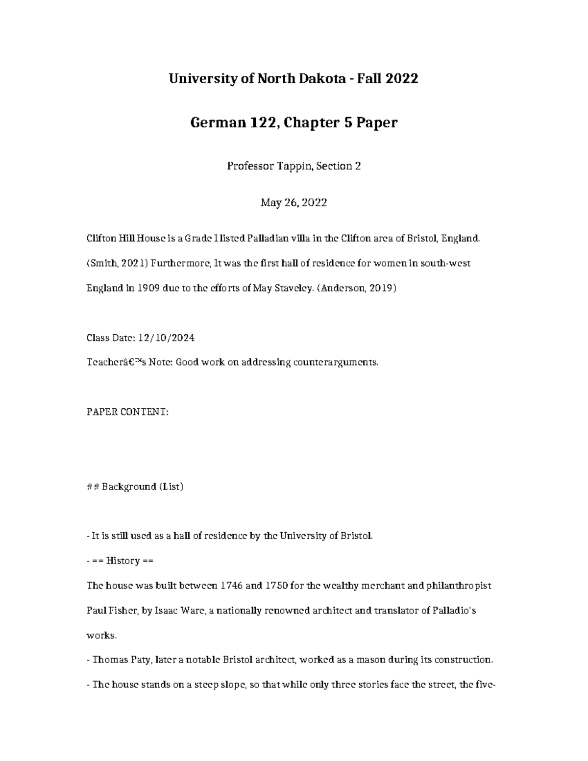 German 122 Chapter 5 Paper - University of North Dakota - Fall 2022 ...