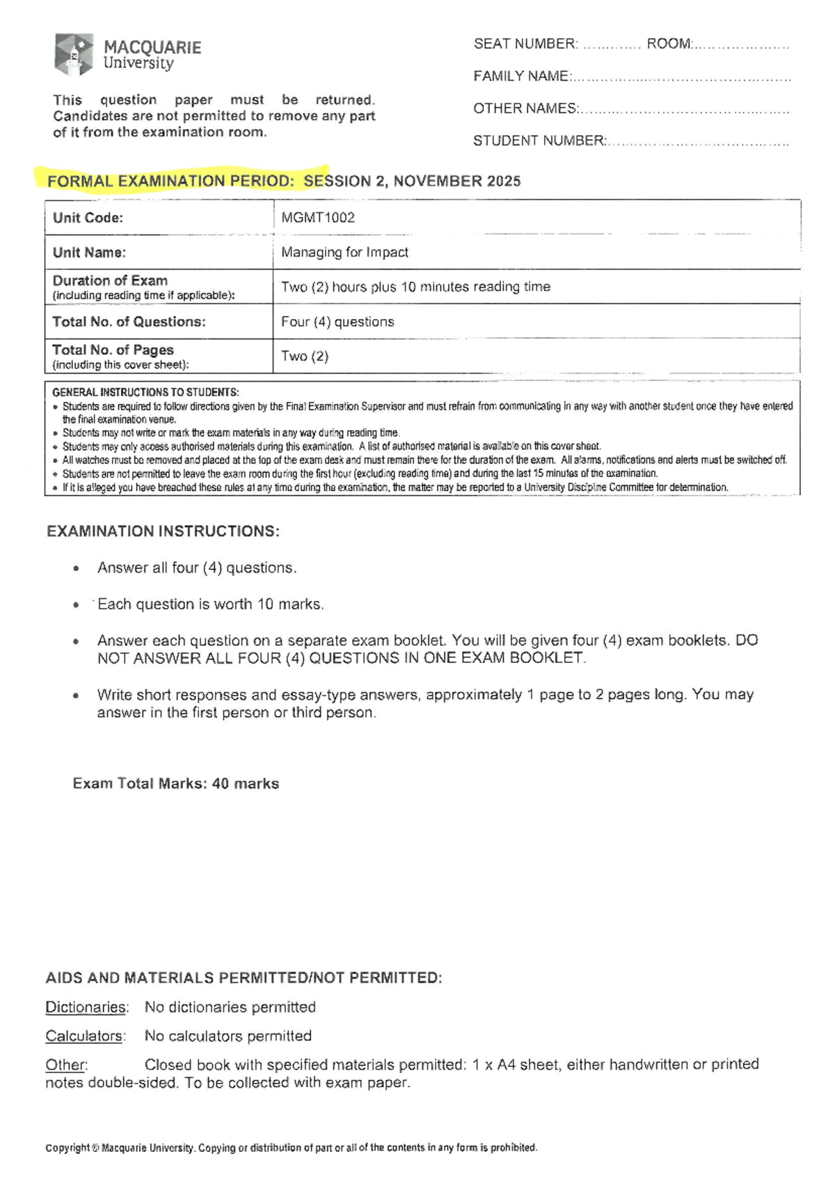 Final Exam Instructions for MGMT1002 S2 2025 - Studocu