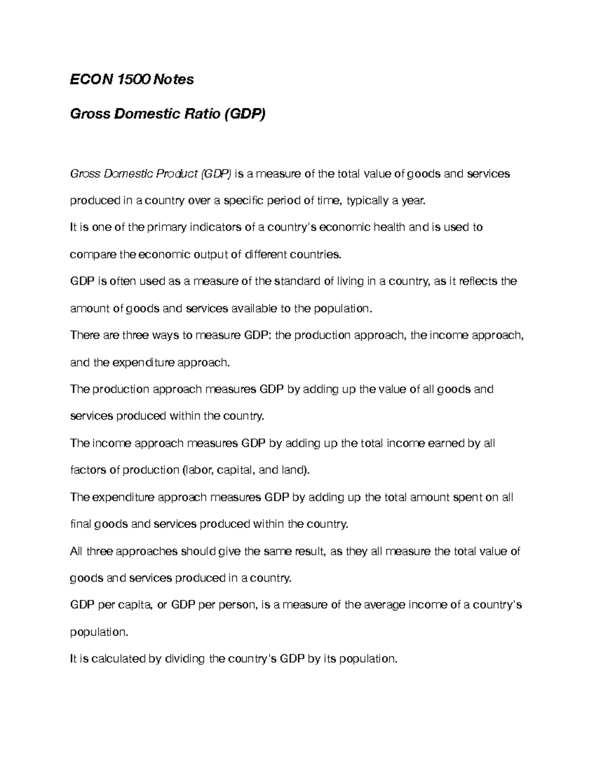 ECON 1500 GDP Notes - ECON 1500 Notes Gross Domestic Ratio (GDP) Gross ...