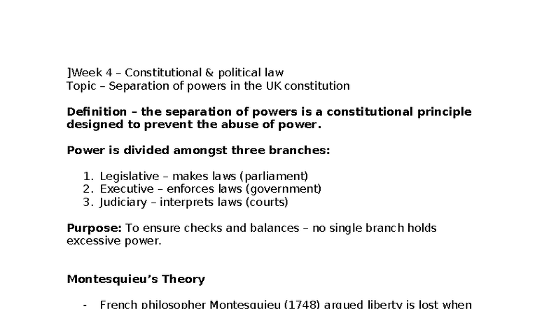 4 Constitutional Law: Separation of Powers in the UK - Studocu