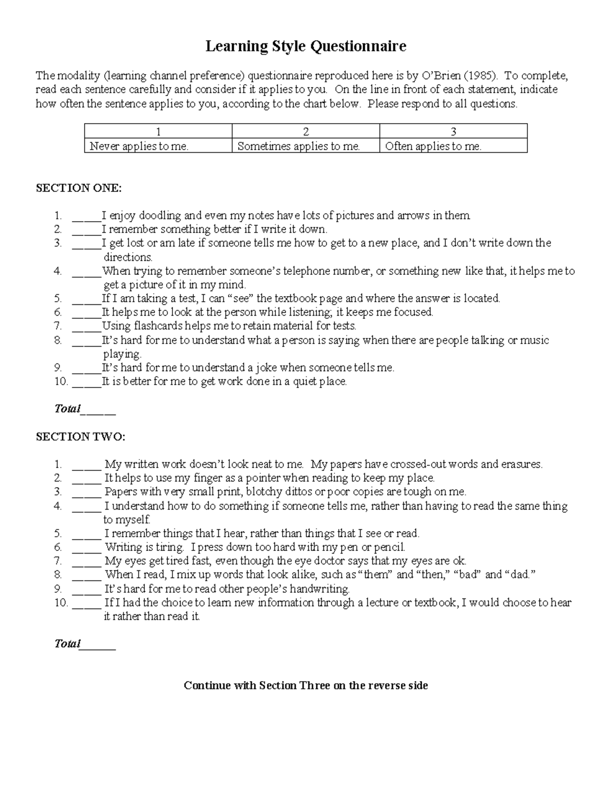 Learning Style Questionnaire: Assessing Your Modality Preferences - Studocu
