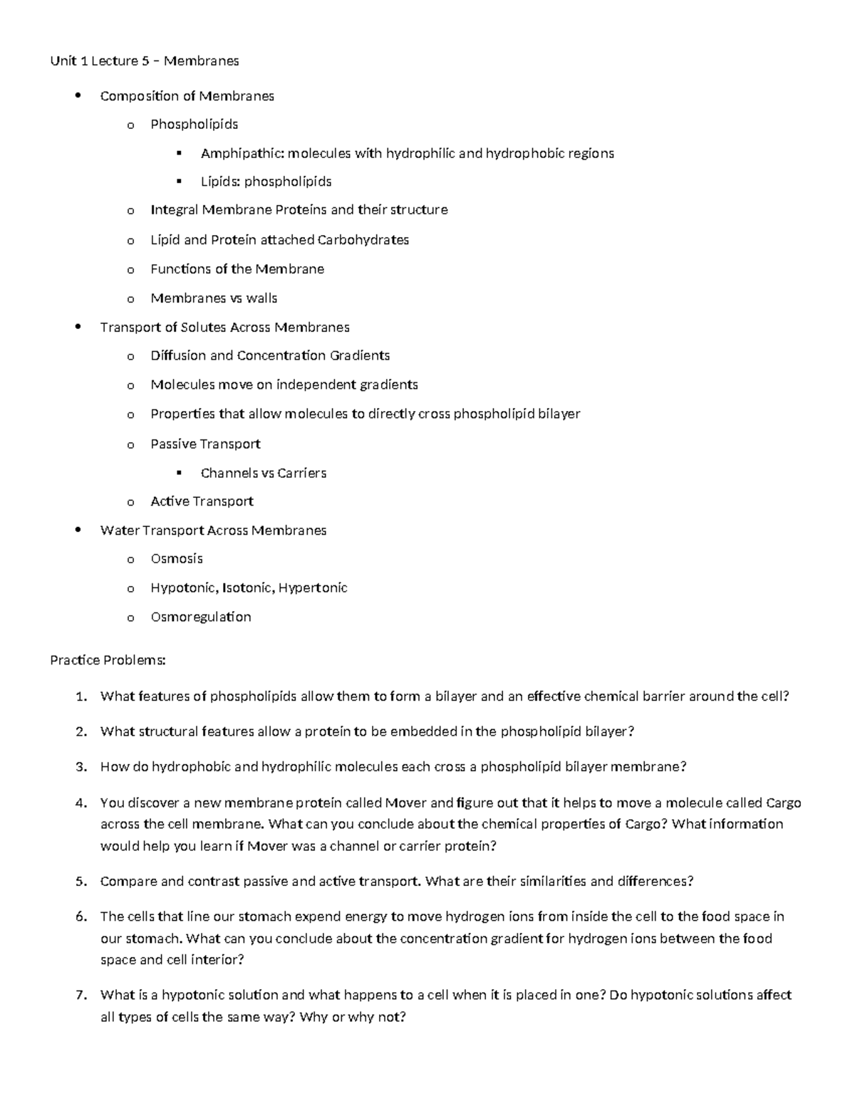 1111Unit1Lec5 - Membranes Study Guide - Unit 1 Lecture 5 – Membranes ...