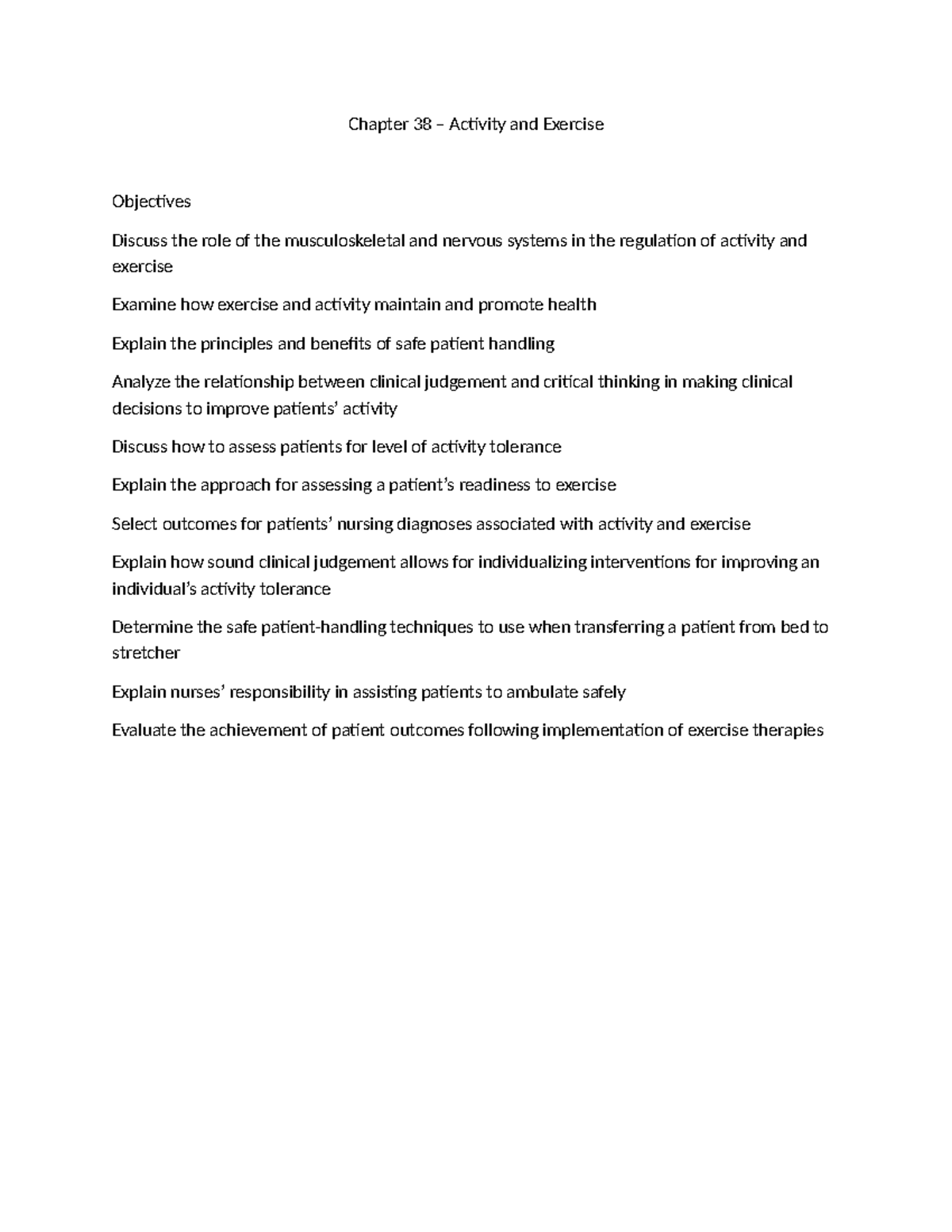 Chapter 38 Activity and Exercise Study Guide: Key Concepts and ...