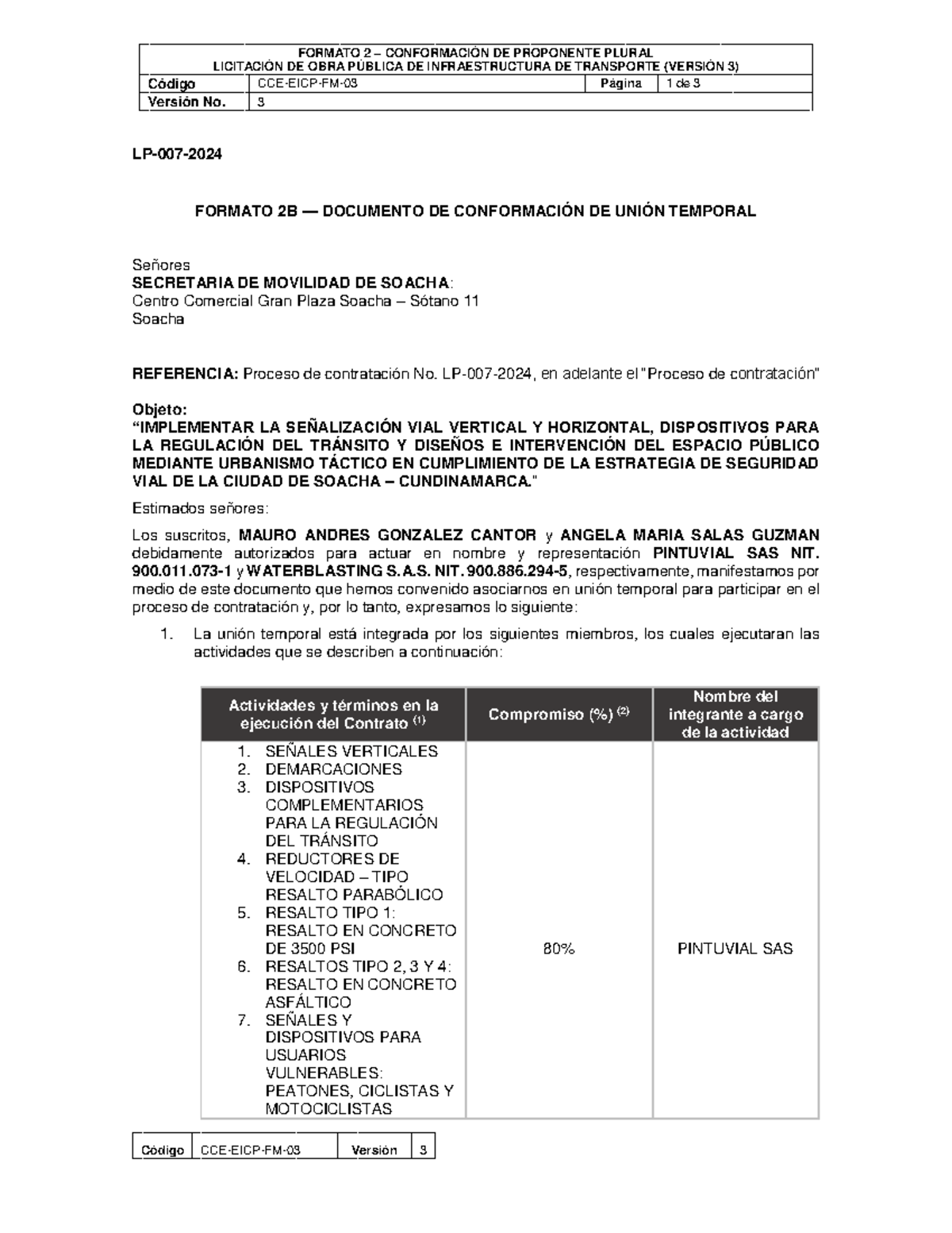 Formato 2 - Conformación de Proponente Plural para la Licitación LP-007 ...