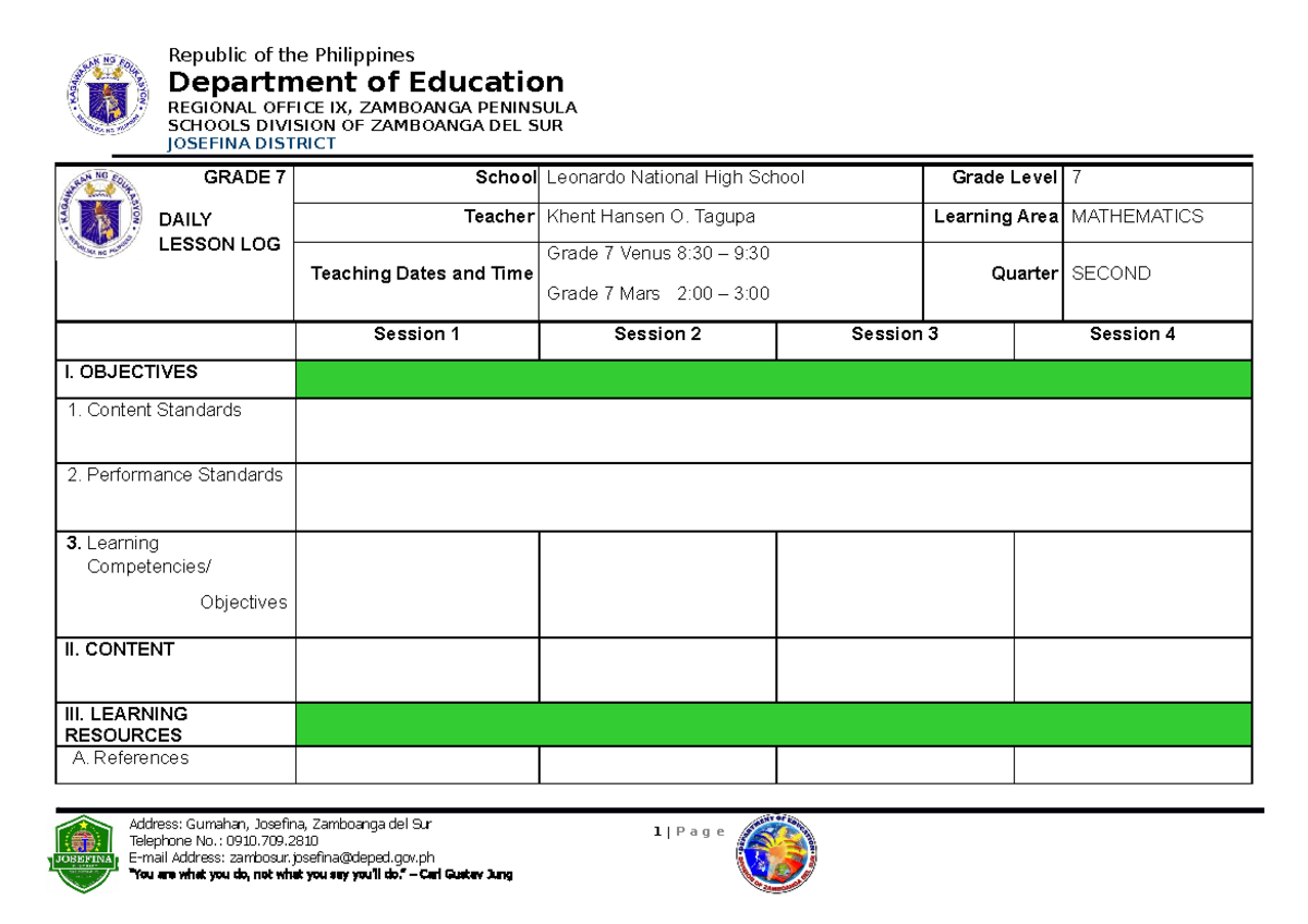 DLL- Template- English - Department of Education REGIONAL OFFICE IX ...
