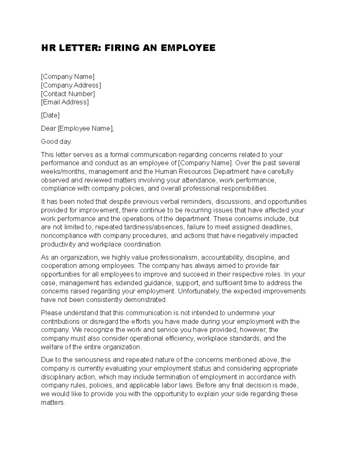 HR Letter: Employee Termination Notice - Firing Sample - Studocu