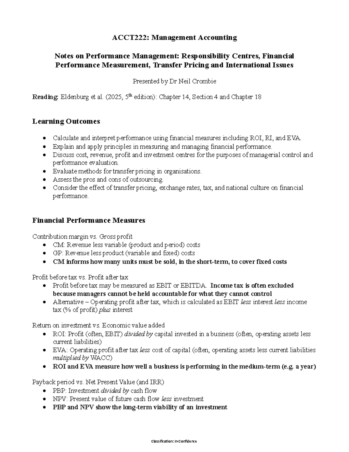 ACCT222 Final Notes on Performance Management & Transfer Pricing - Studocu