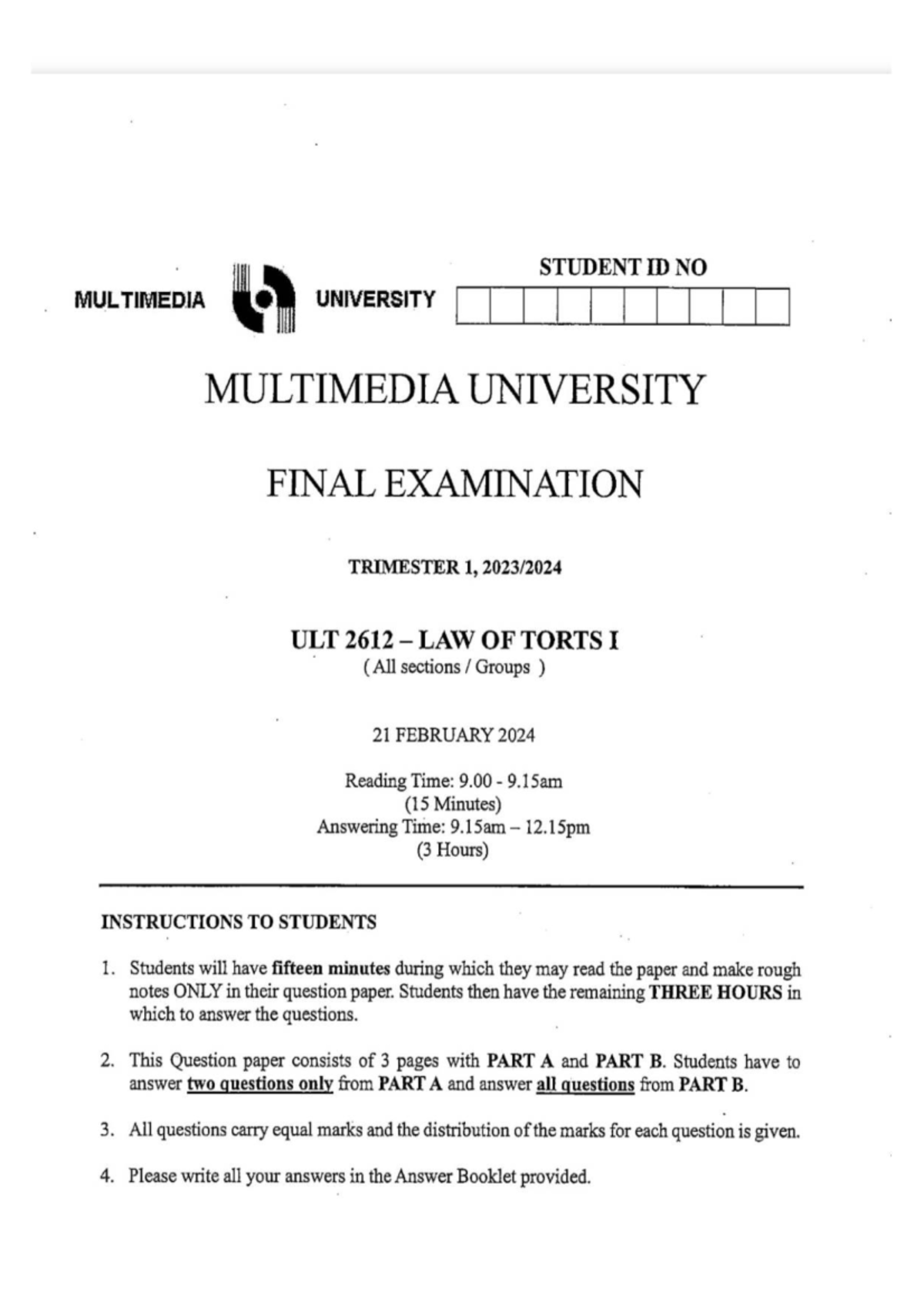 ULT 2612 Final Exam: Law of Torts I - Trimester 1, 21 Feb 2024 - Studocu