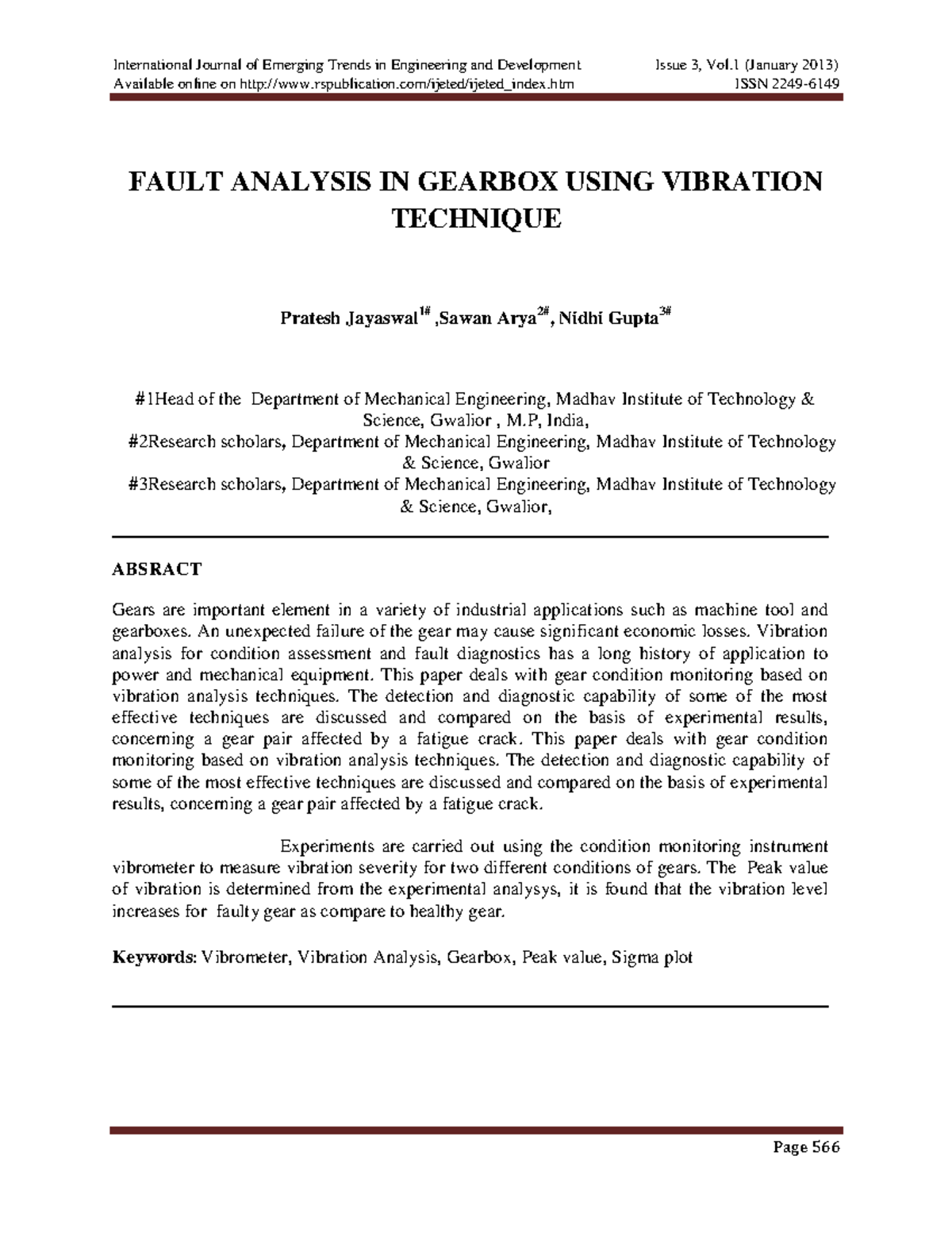 Fault Analysis in Gearbox Using Vibration Techniques - ME 101 - Studocu