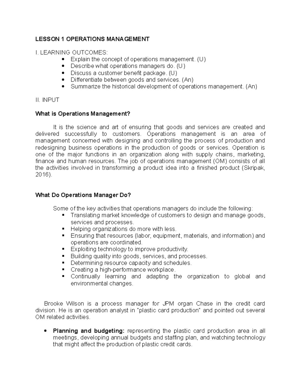 1placslit Lesson 1: Introduction to Operations Management Concepts ...