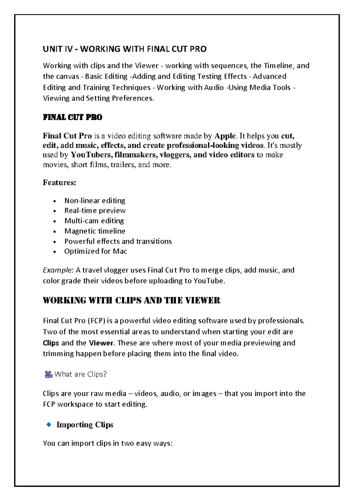 UNIT IV VCE - Final Cut Pro Video Editing Techniques and Tips - Studocu