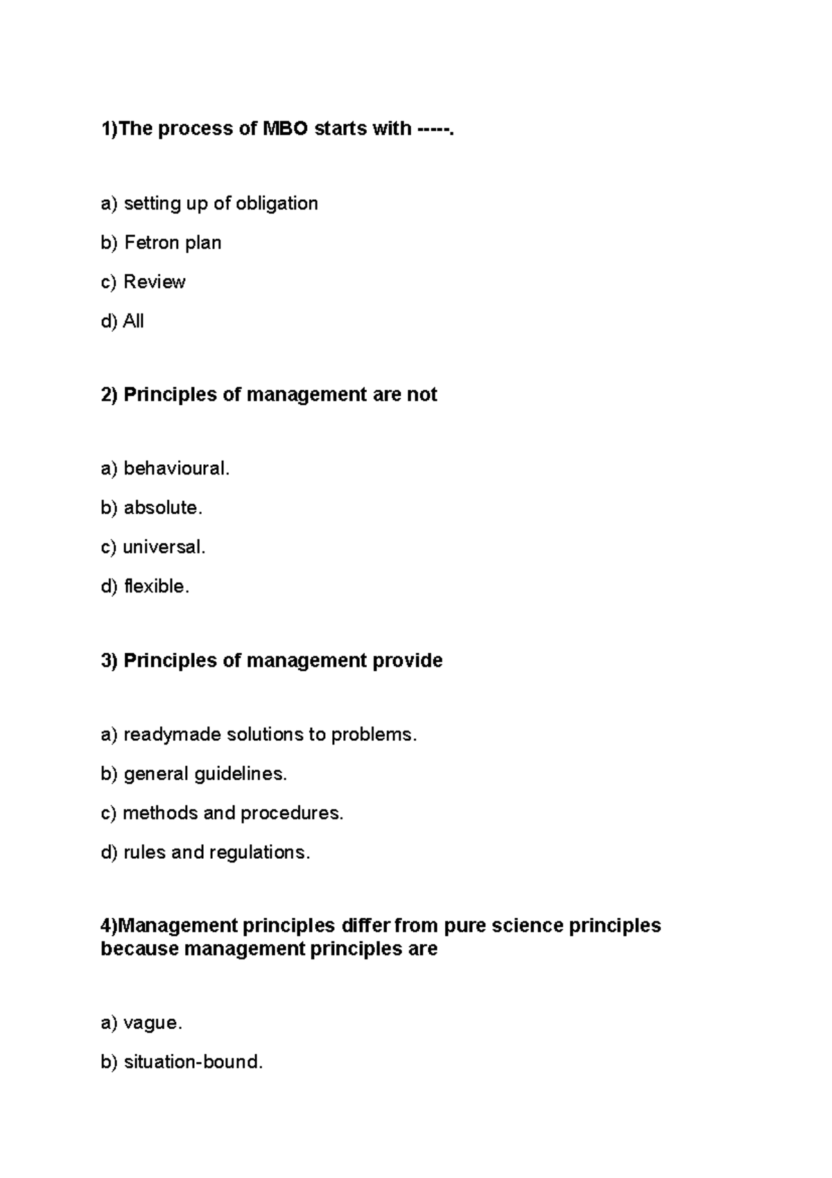 MGT 101 - MCQ Practice Questions for Management Principles - Studocu