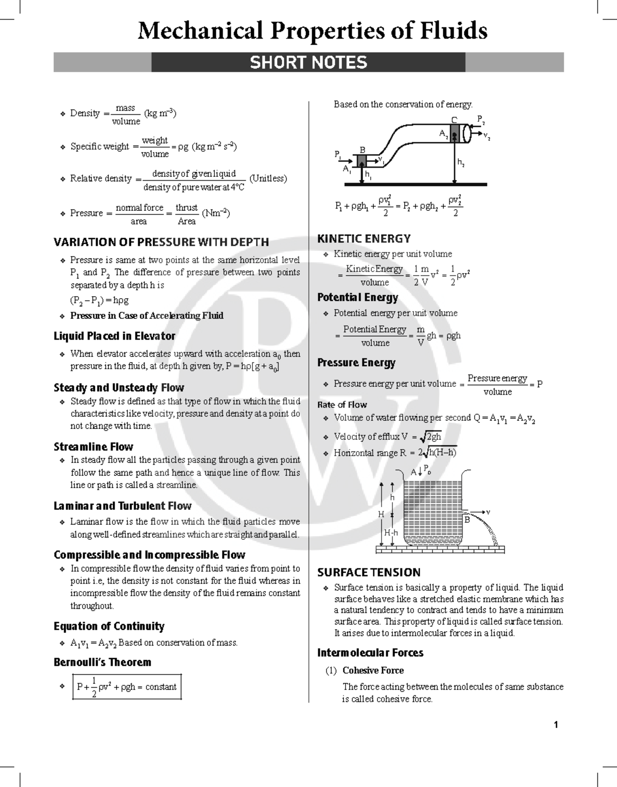 MECH 101: Mechanical Properties of Fluids - Short Notes on Key Concepts ...