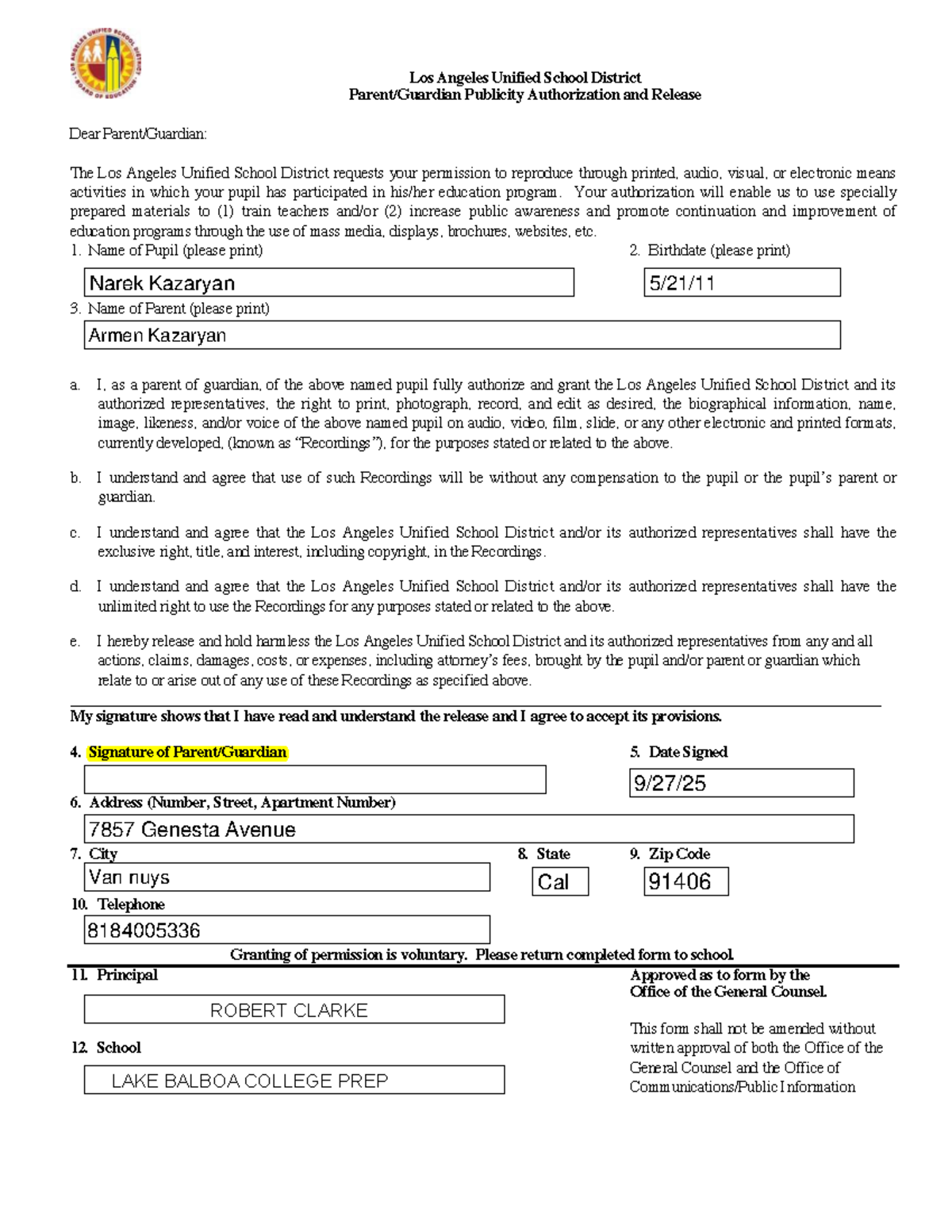 LAUSD Publicity Authorization & Release Form for Students - Studocu
