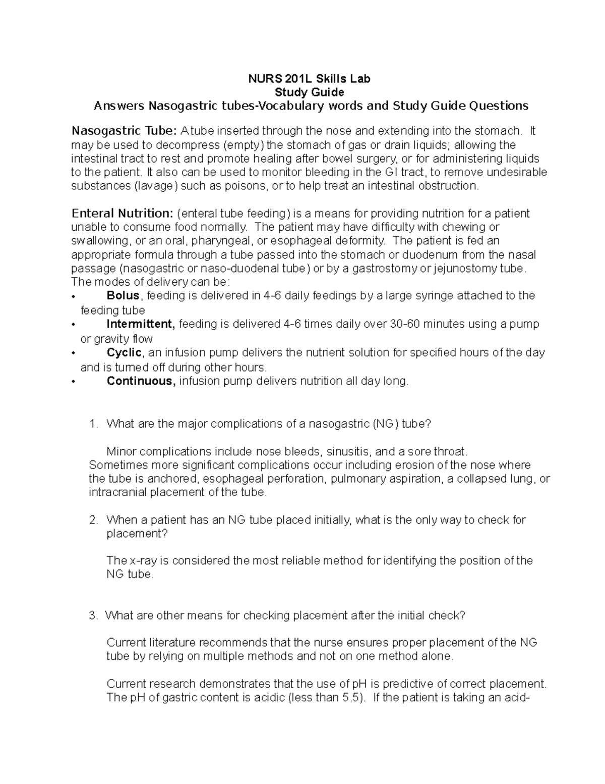 Laboratory guide NG tube - NURS 201L Skills Lab Study Guide Answers ...