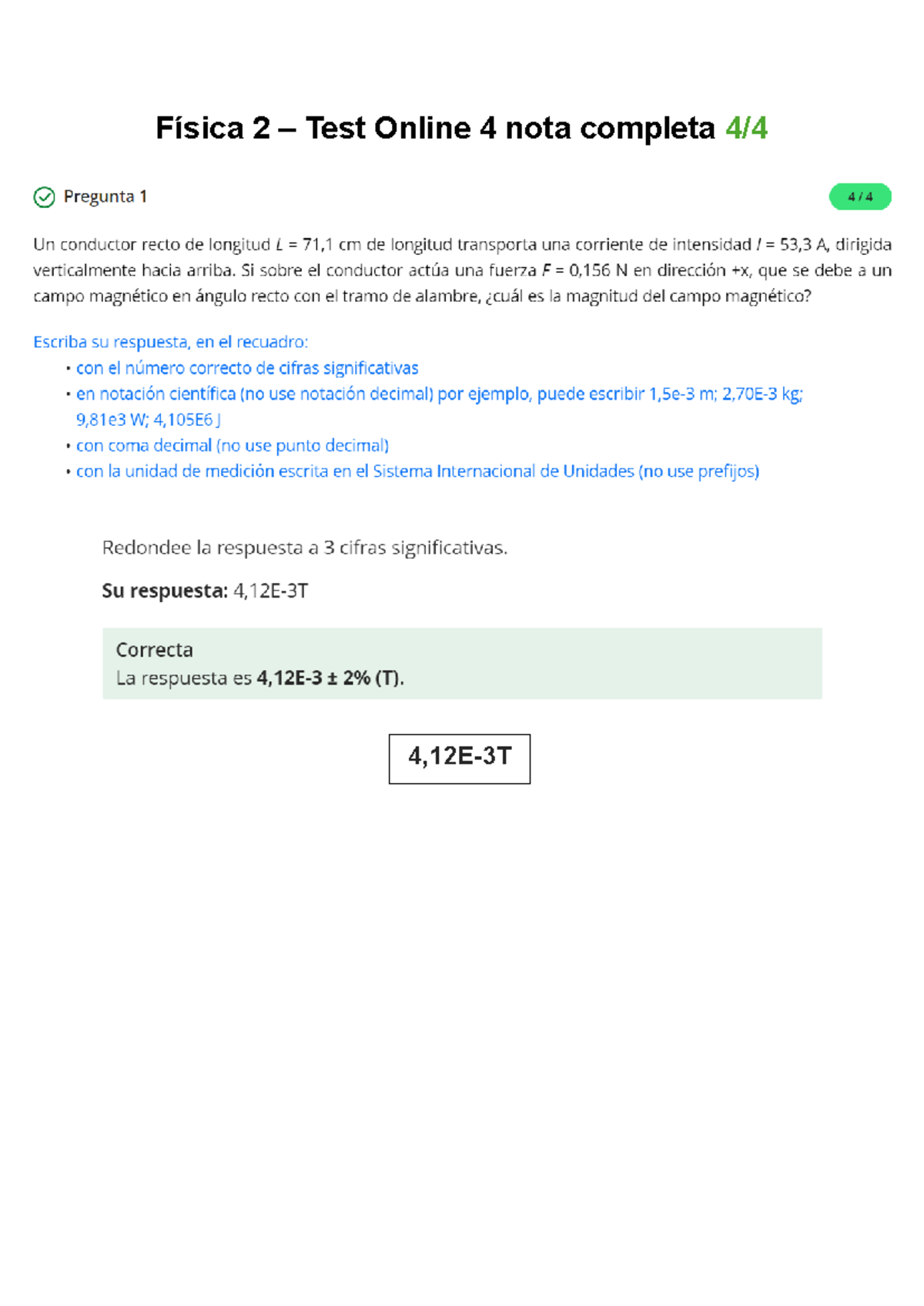 Test Online 4 - Física 2 Nota Completa Analysis - Studocu