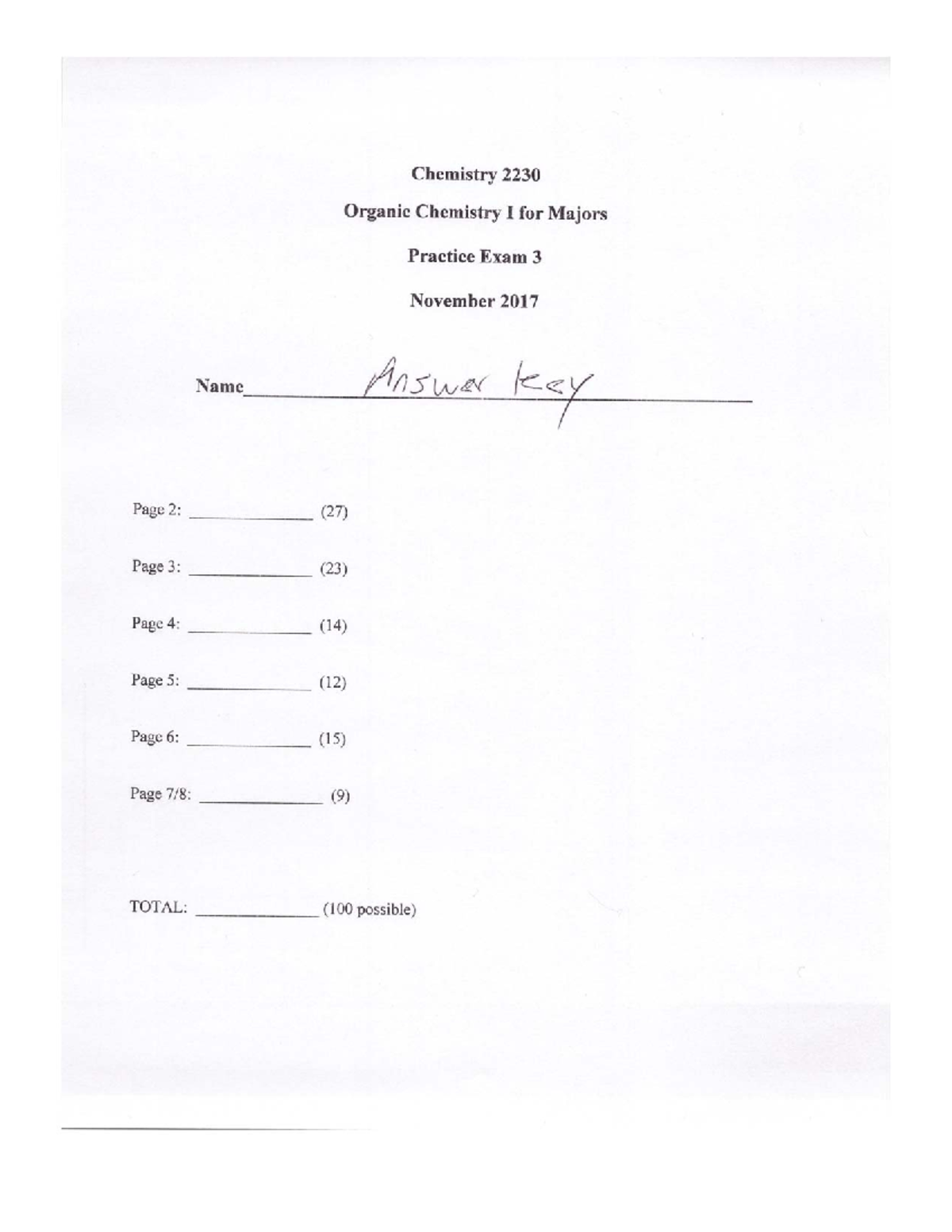Practice exam 3 answer key - Chemistry 2230 Organic Chemistry I for ...