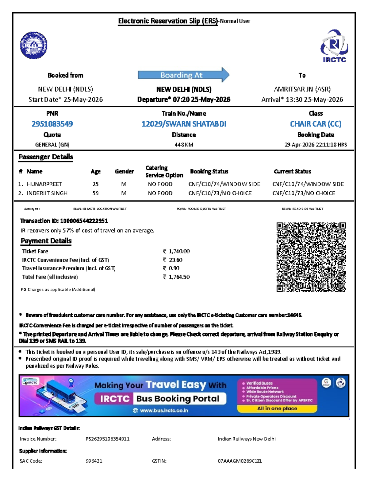 Electronic Reservation Slip for Train 2951083549: NDLS to ASR - Studocu