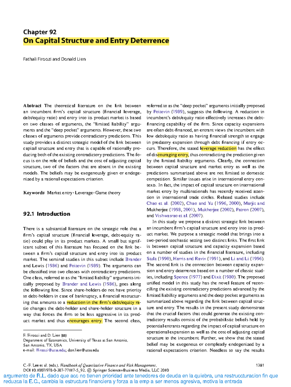 Chapter 92: Capital Structure and Entry Deterrence Analysis (ECO 101 ...