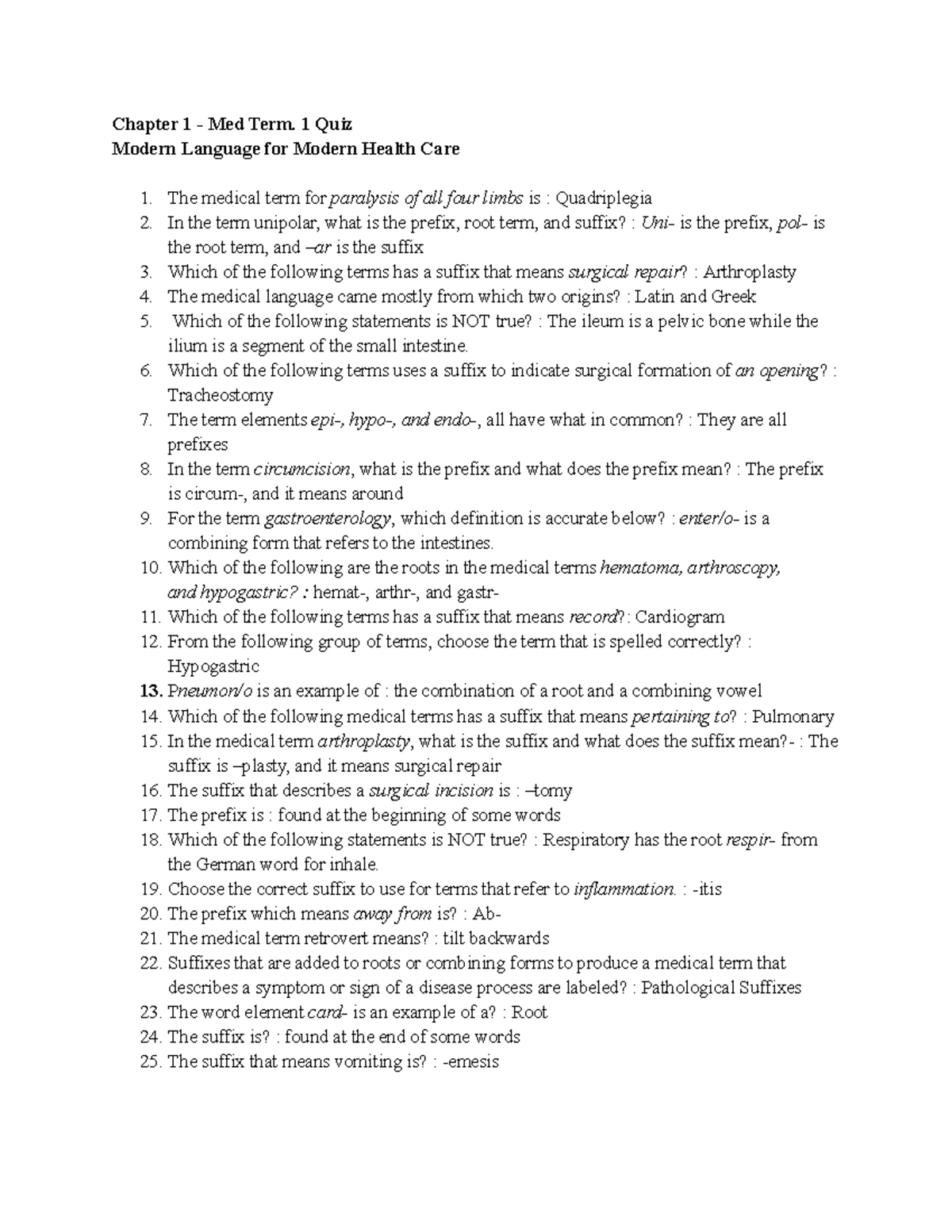 Chapter 1 Med Term Quiz Review - Study Key Concepts - Studocu