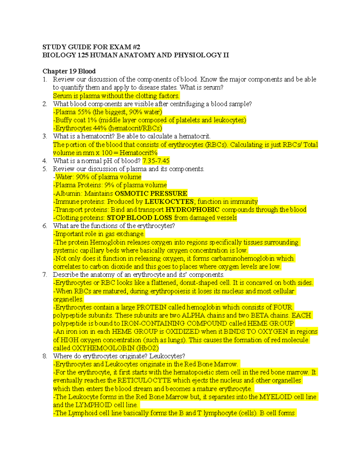 Biology 125 Study Guide for Exam #2: Human Anatomy & Physiology II ...