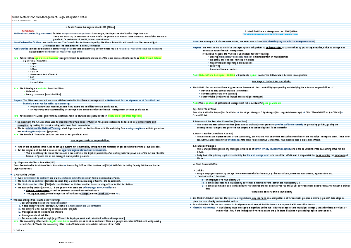 PFMA & MFMA Notes: Public Sector Financial Management Overview - Studocu