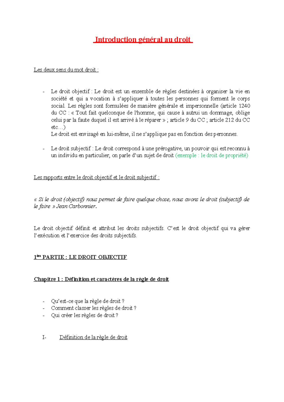 Introduction Générale au Droit : Concepts et Règles Fondamentales - Studocu