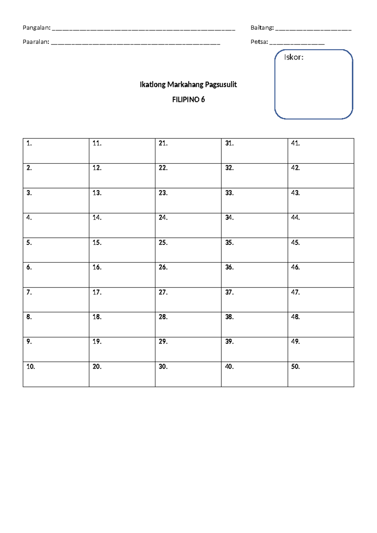 Answer sheet for exam - Filipino - Pangalan