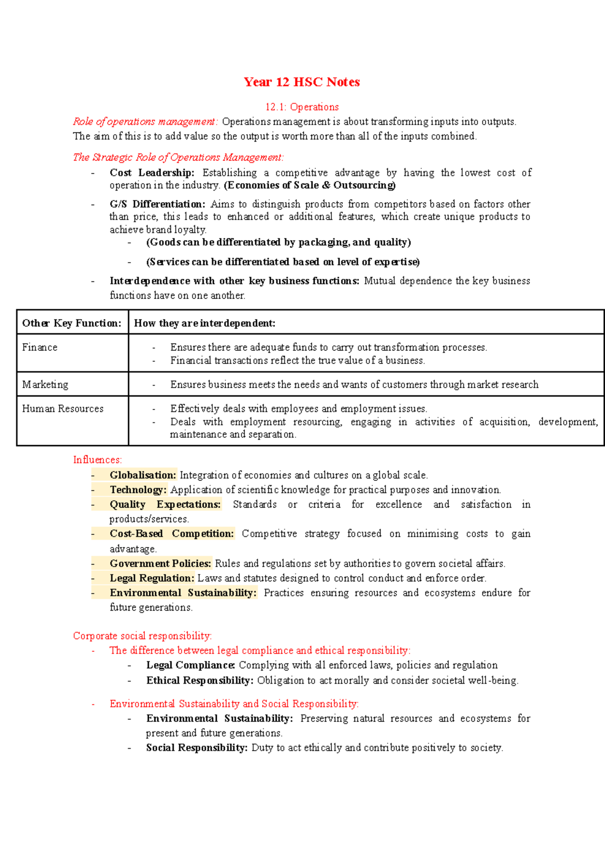 Year 12 HSC Business Studies Notes: Operations Management Insights ...