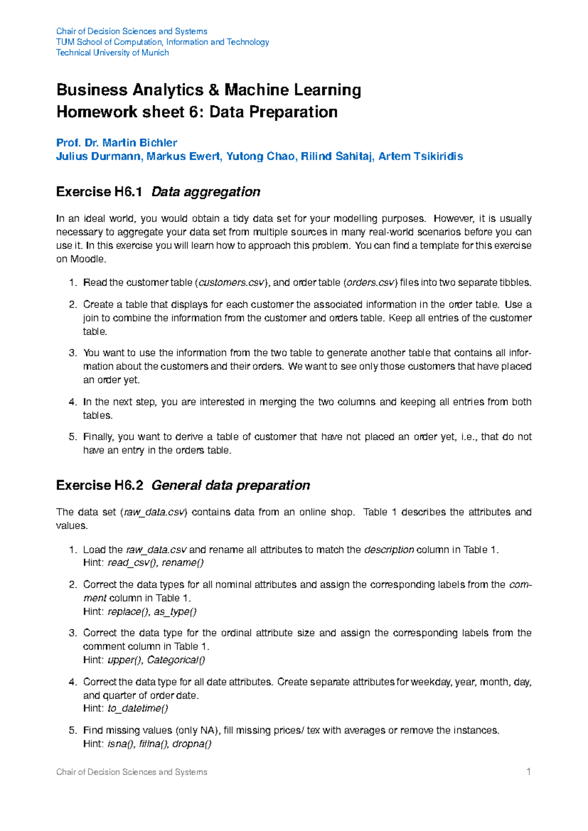 Business Analytics - ML Homework 6: Data Preparation - Studocu