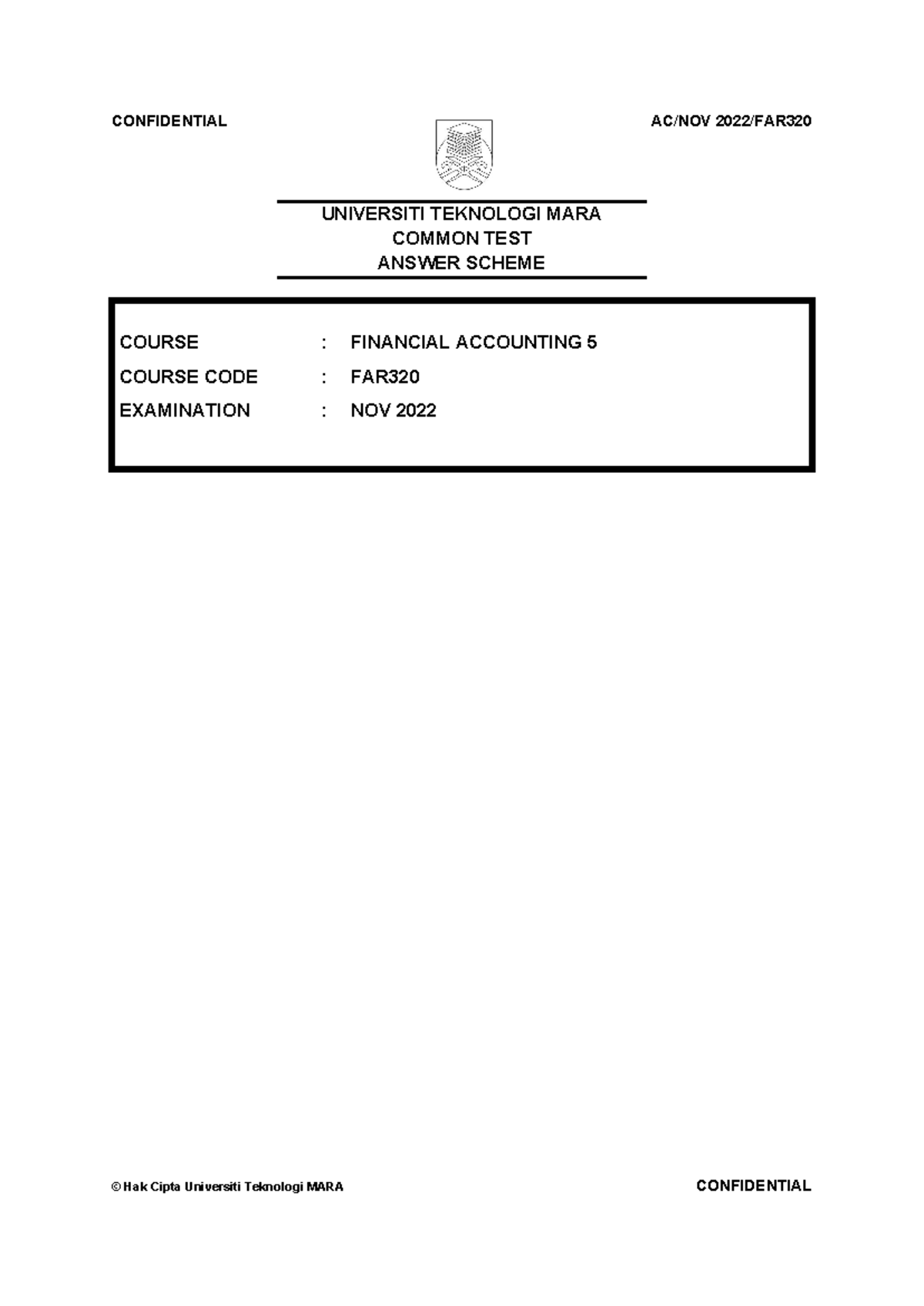 FAR320 COMMON TEST ANSWER SCHEME NOV 2022 - FINANCIAL ACCOUNTING 5 - Document Preview